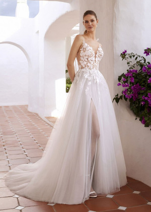 Ivory Lace Tulle V Back Hidden Slit Sexy Wedding Dress